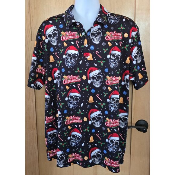 Funny Christmas Skull Polo Shirt Santa biker goth grunge whimsygoth holiday - Picture 1 of 6